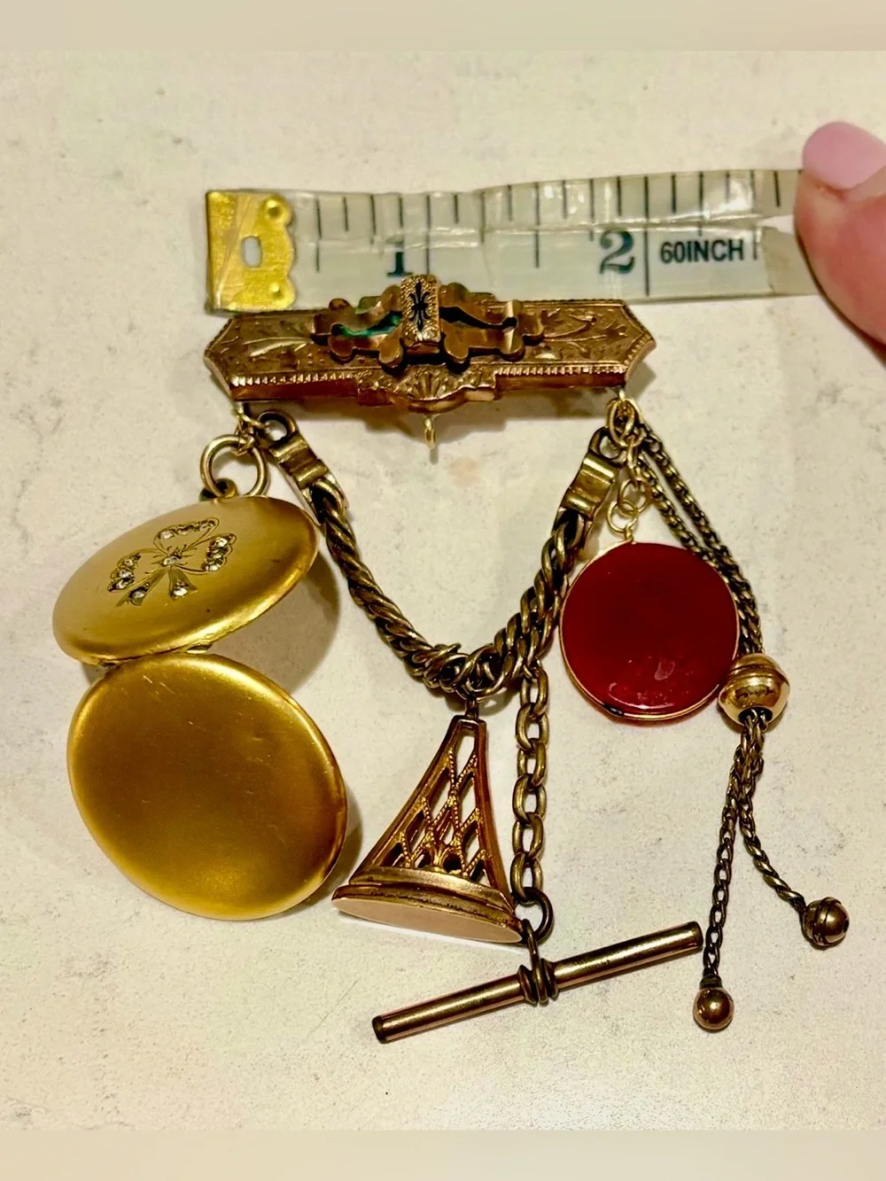 Antique Victorian 19thC Gold Chatelaine Brooch Locket Carnelian Fob Pin